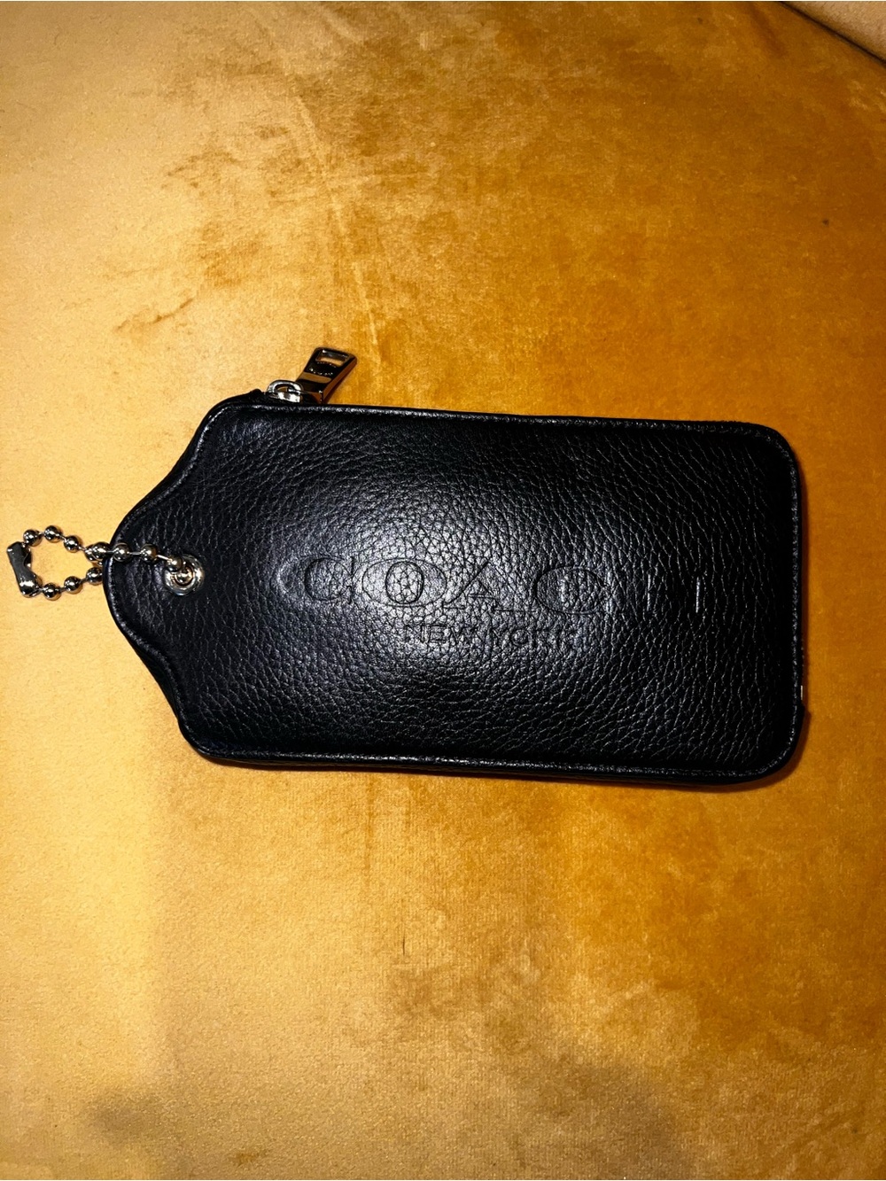 COACH Black Pebbled Leather Zip Card Pouch with Chain